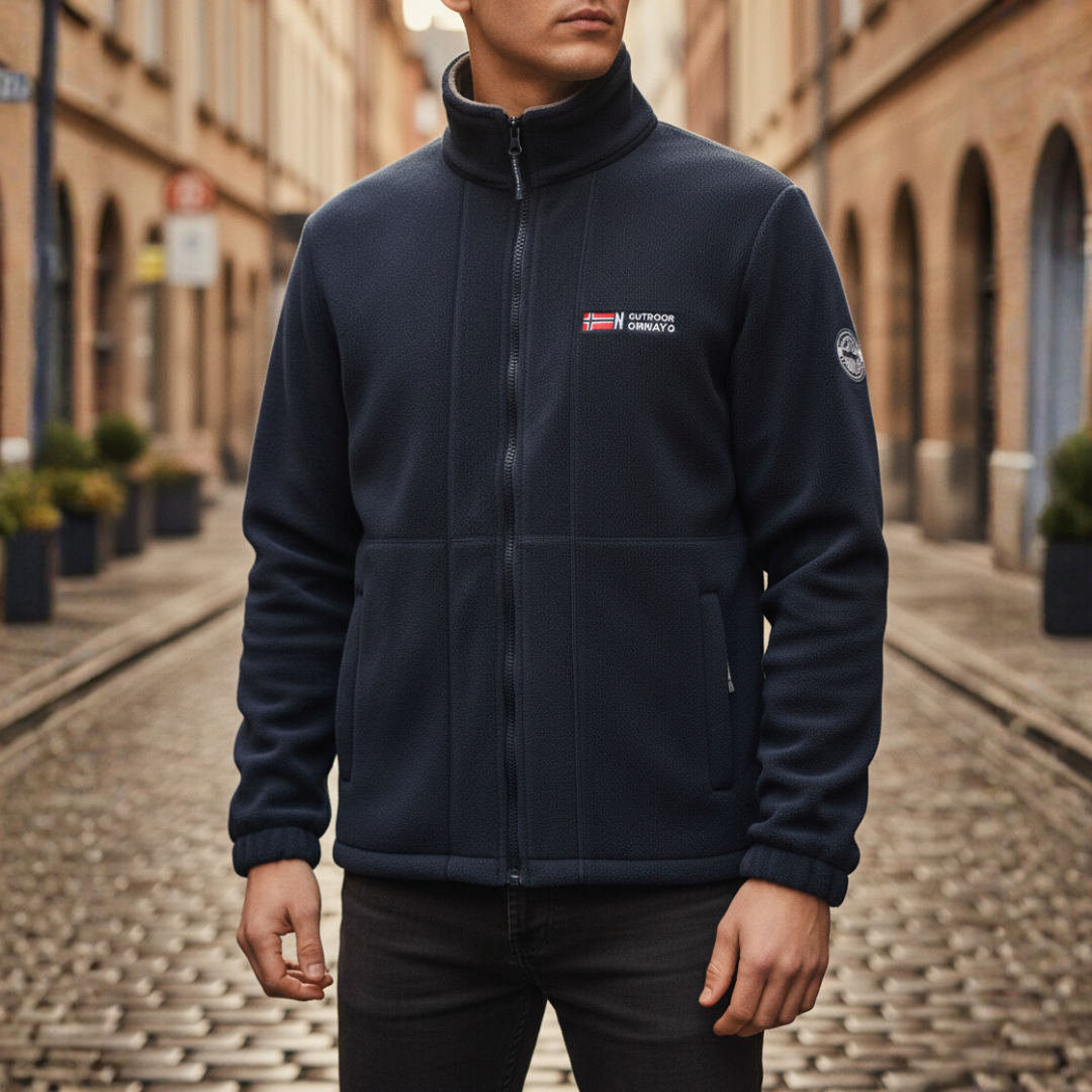 Men's gray fleece zip-up jacket with high collar, soft warm fabric for everyday comfort