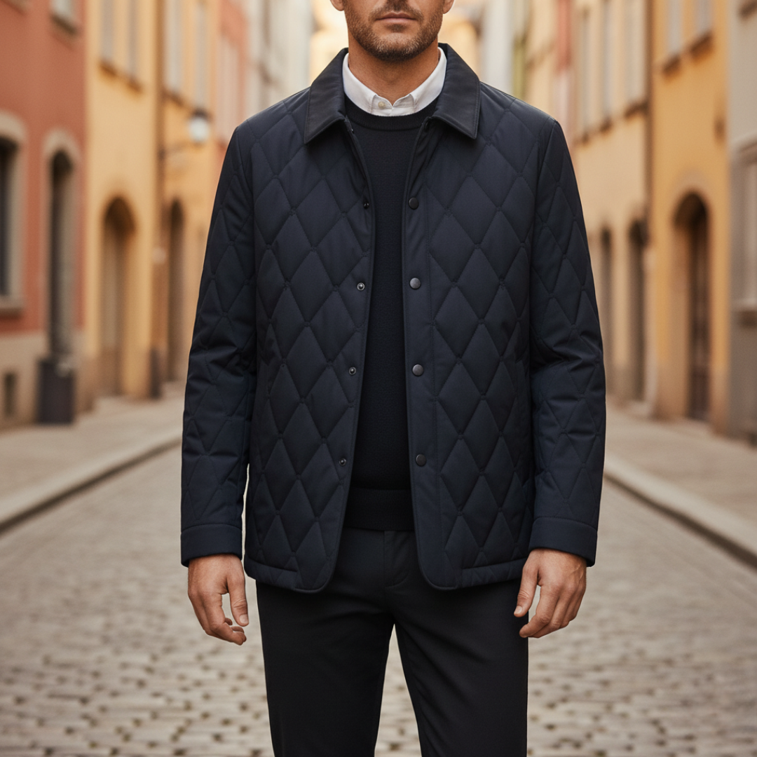Men's quilted polyester jacket in blue brown or navy snap buttons side pockets casual outdoor style