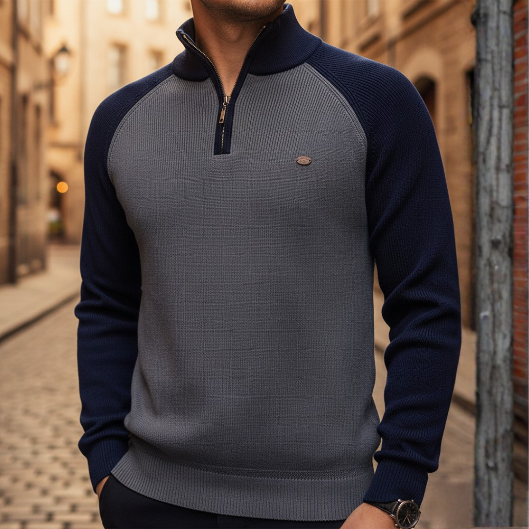 Men's mixed material zip neck sweater in beige breathable knit blend for casual everyday layering