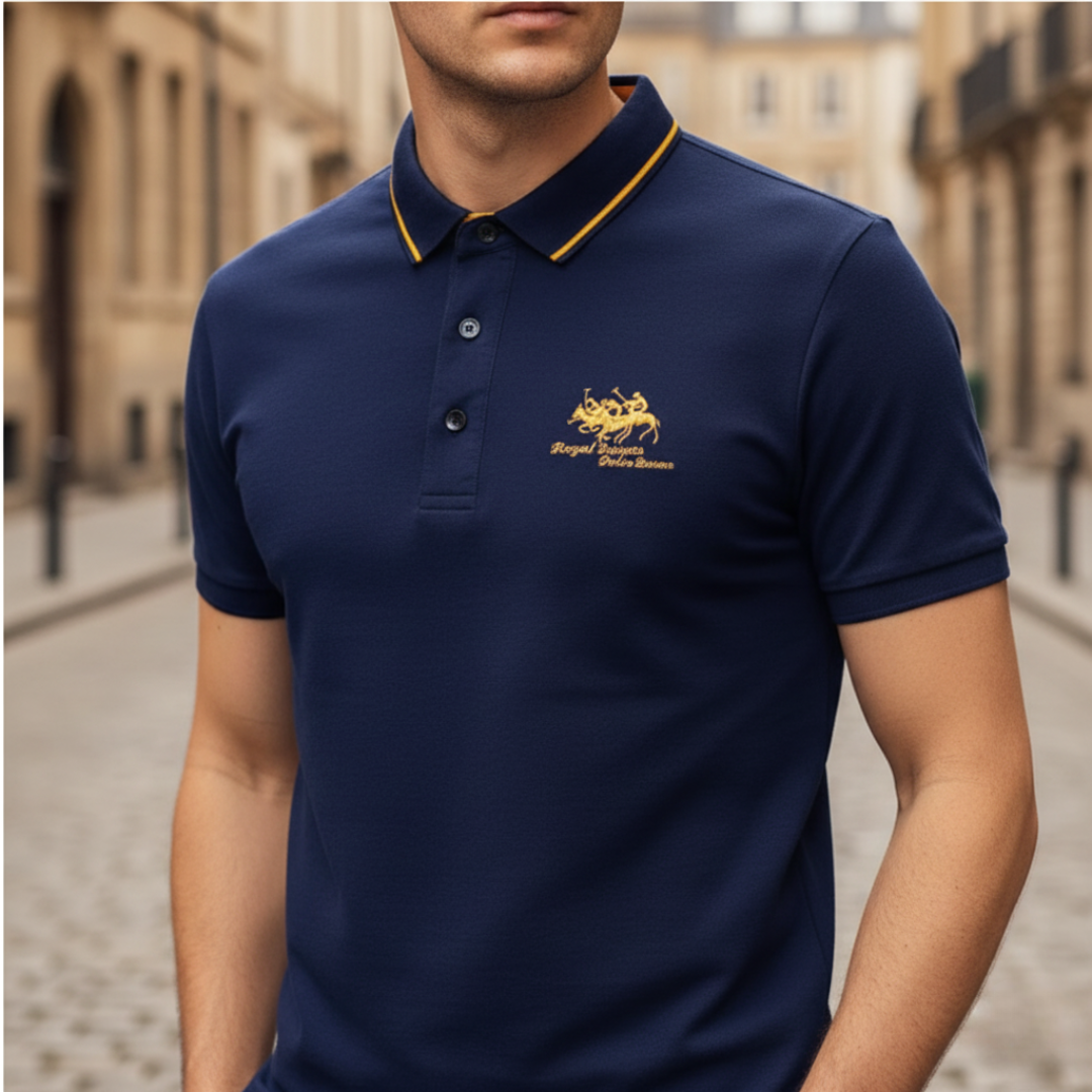 Men's classic regular fit polo shirt with ribbed collar and contrasting striped sleeve detail