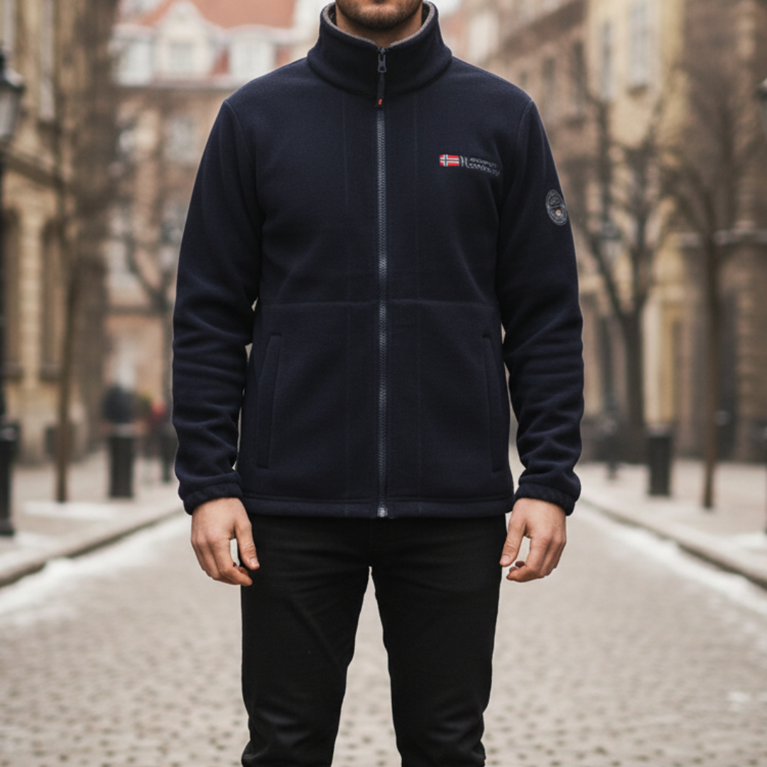 Men's full-zip winter fleece jacket in black soft breathable fabric for active outdoor daily wear