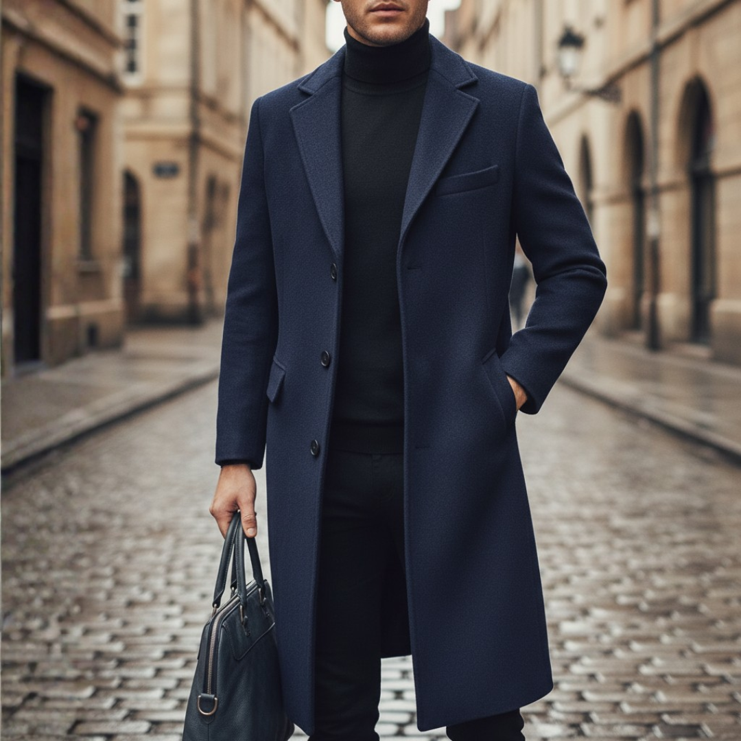 Men's winter fabric coat with small chest pocket in classic colors refined casual silhouette