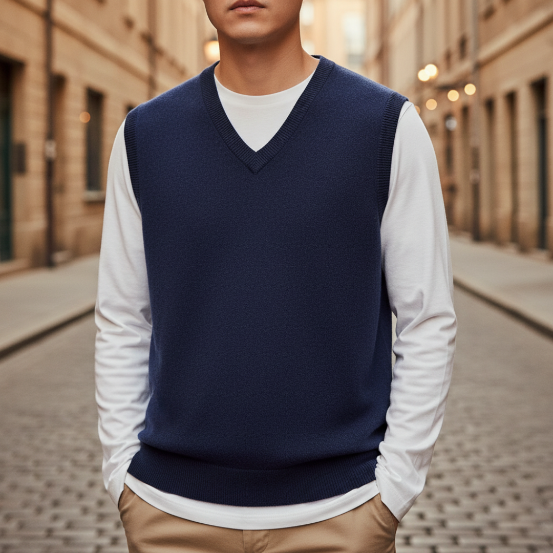 Men's breathable knit V-neck vest in navy blue slim-fit layering essential for casual wear
