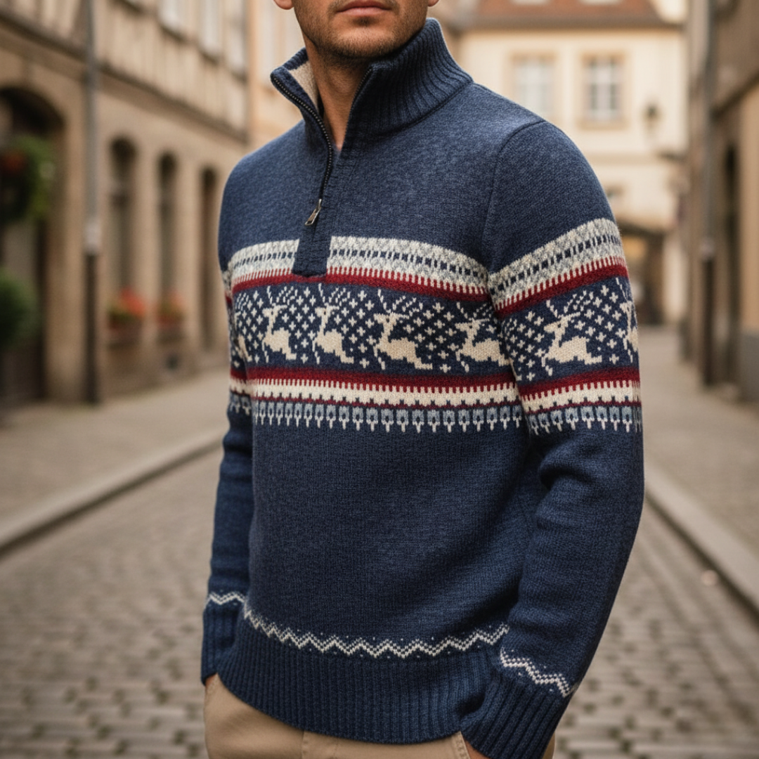 Men's Christmas reindeer zip-up knit sweater in beige, navy blue, or red cozy holiday winter style