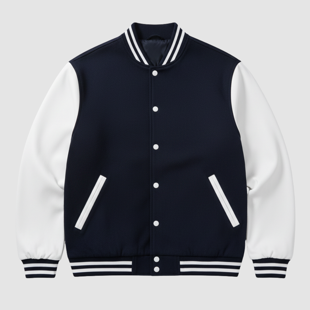 Two-tone varsity jacket unisex snap-front white striped sleeves ribbed trim college style