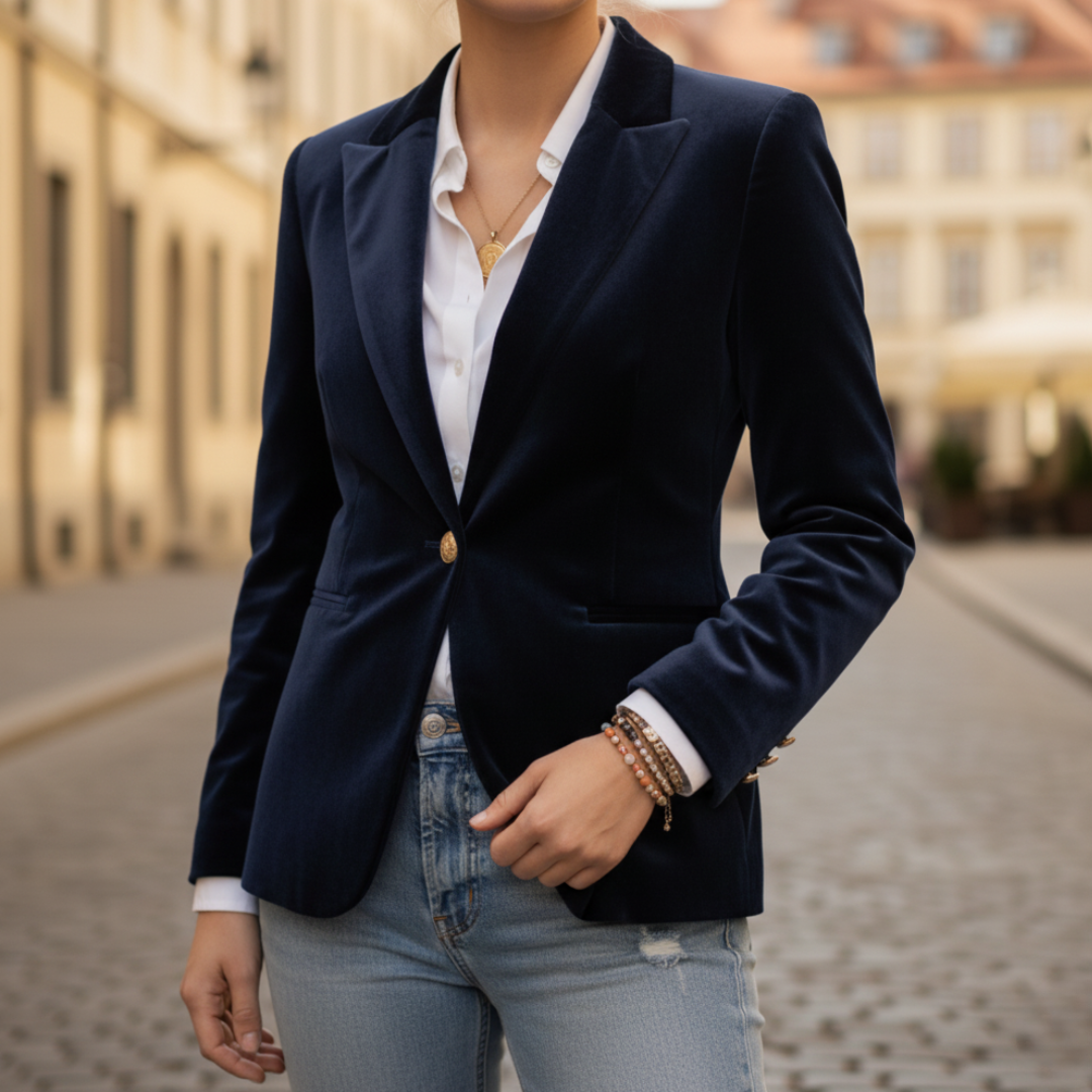 Women's black office blazer elegant fit front button closure flap pockets hip-length professional style