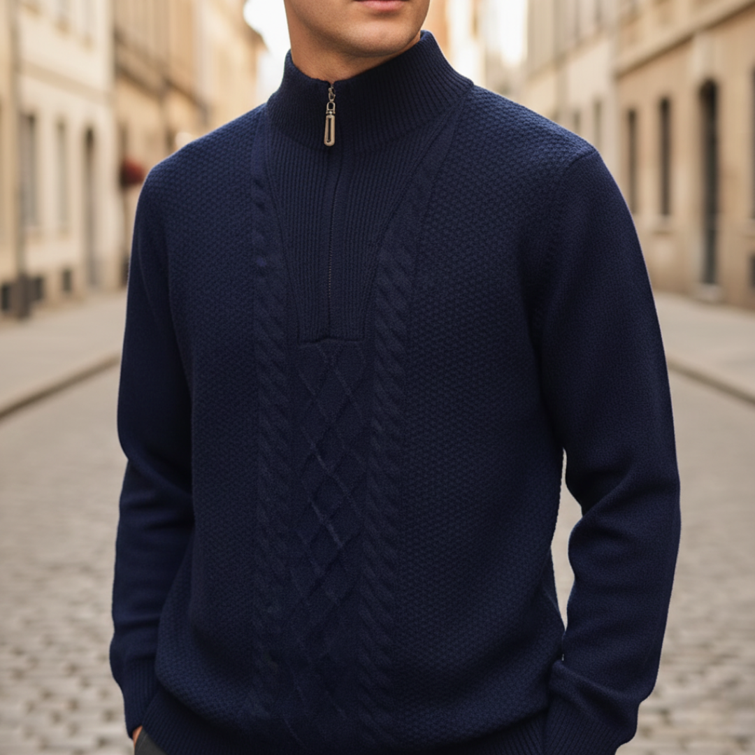Men's beige half-zip knit sweater textured design casual slim fit versatile everyday wear