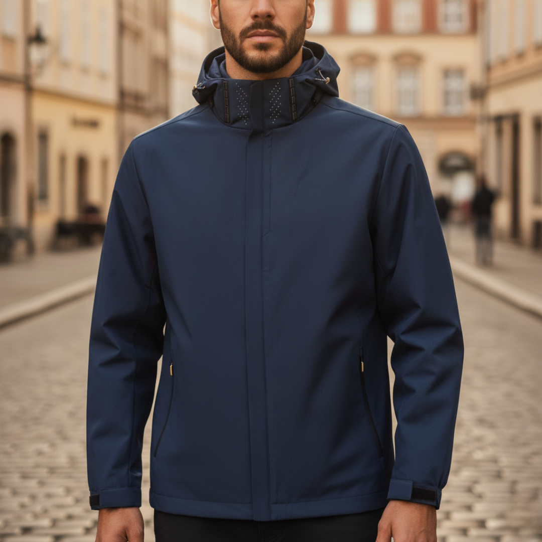 Men's lightweight waterproof hiking jacket with adjustable hood and zippered pockets, breathable polyester