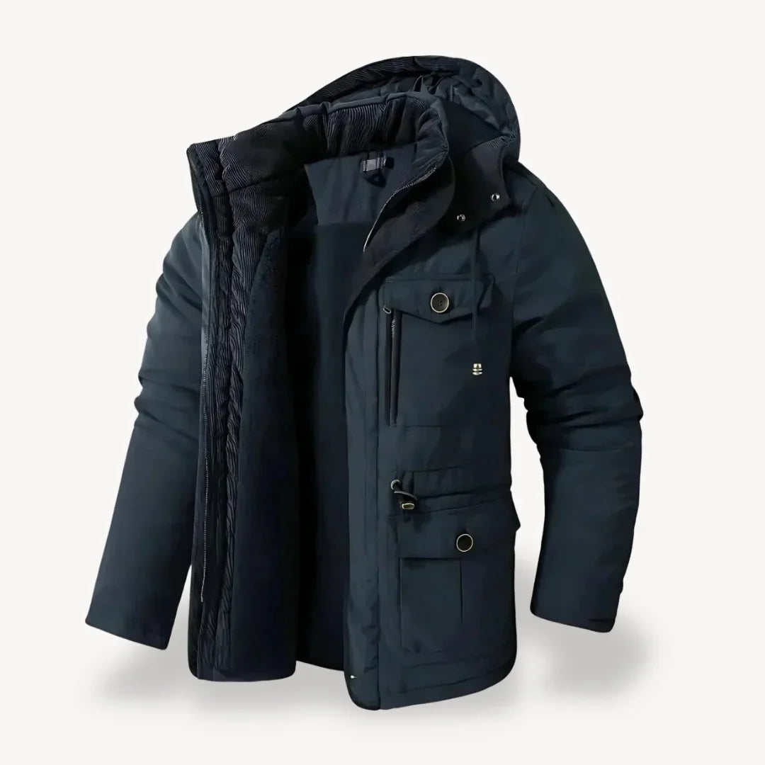Men's heavy-duty winter jacket streamlined silhouette rugged outdoor warmth durable cold-weather layer