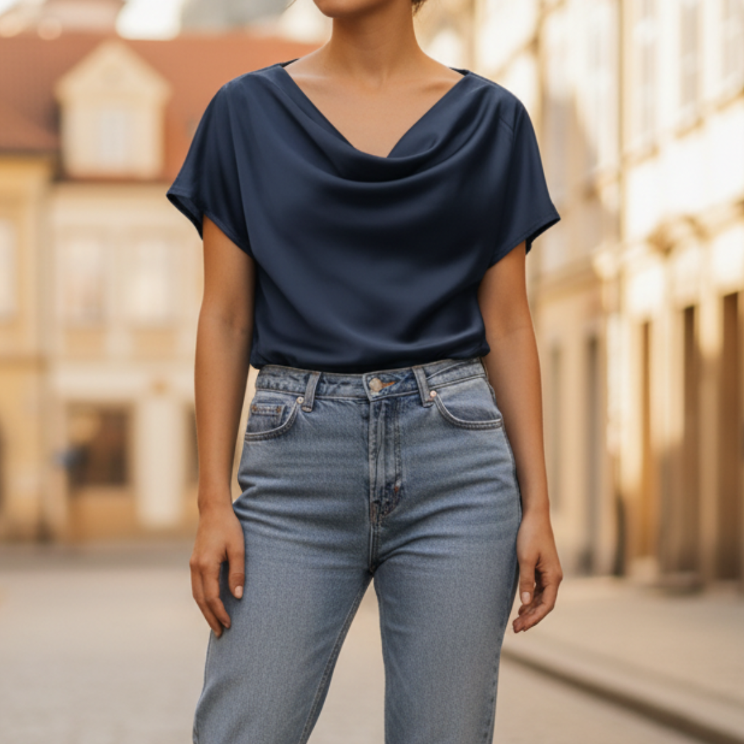 Women's satin blouse short sleeves cowl neck silky lightweight top office evening wear