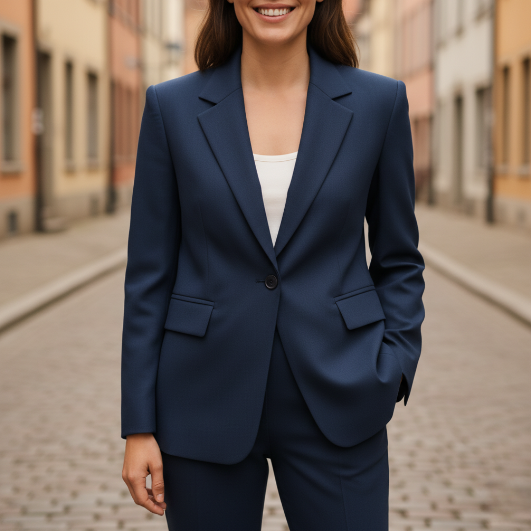 Women's tailored jacket and pants set in professional workwear style with button closure two-piece suit