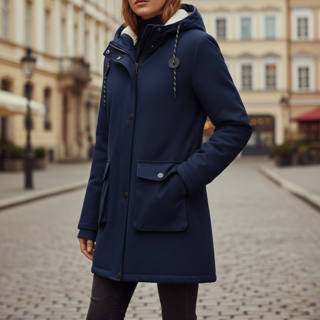 Women's waterproof jacket with adjustable hood, durable all-weather protection in versatile slim fit