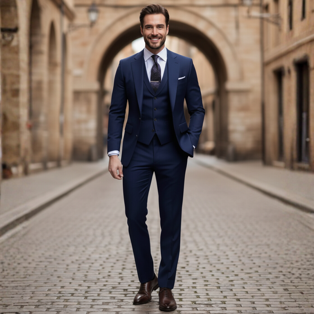 Men's slim fit two-piece suit jacket and pants set in classic black navy grey for formal events