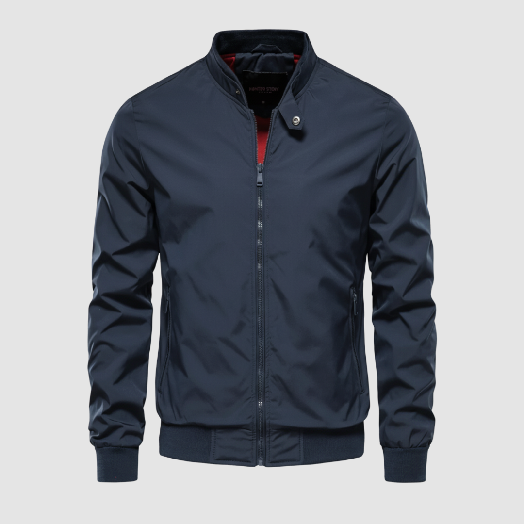 Men's slim-fit windproof bomber jacket with full-length zip and ribbed elastic cuffs for everyday wear