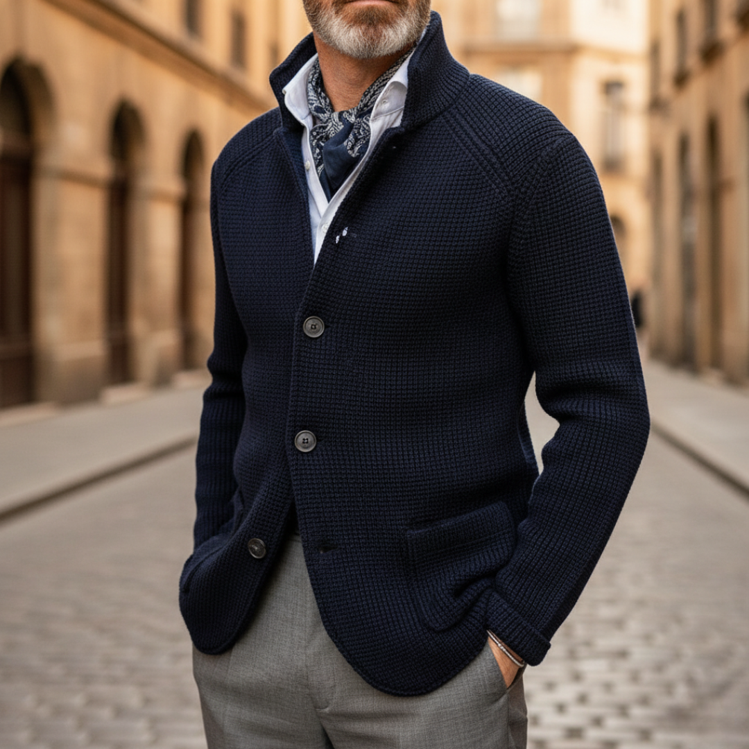 Men's winter button-front cardigan sweater in classic knit, slim office-ready style with soft warm fabric