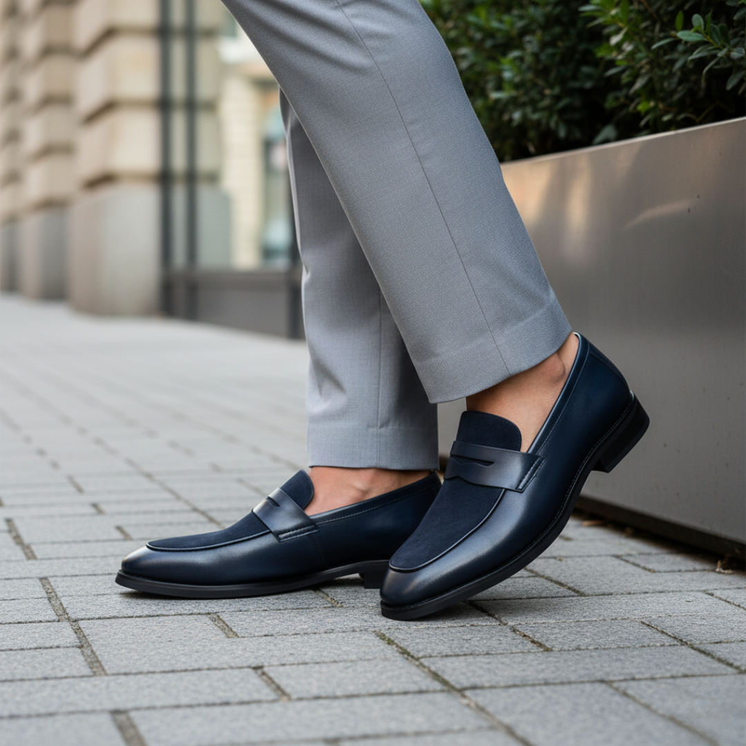Men's black faux leather slip-on loafers with cushioned anatomical insole for all-day orthopedic support
