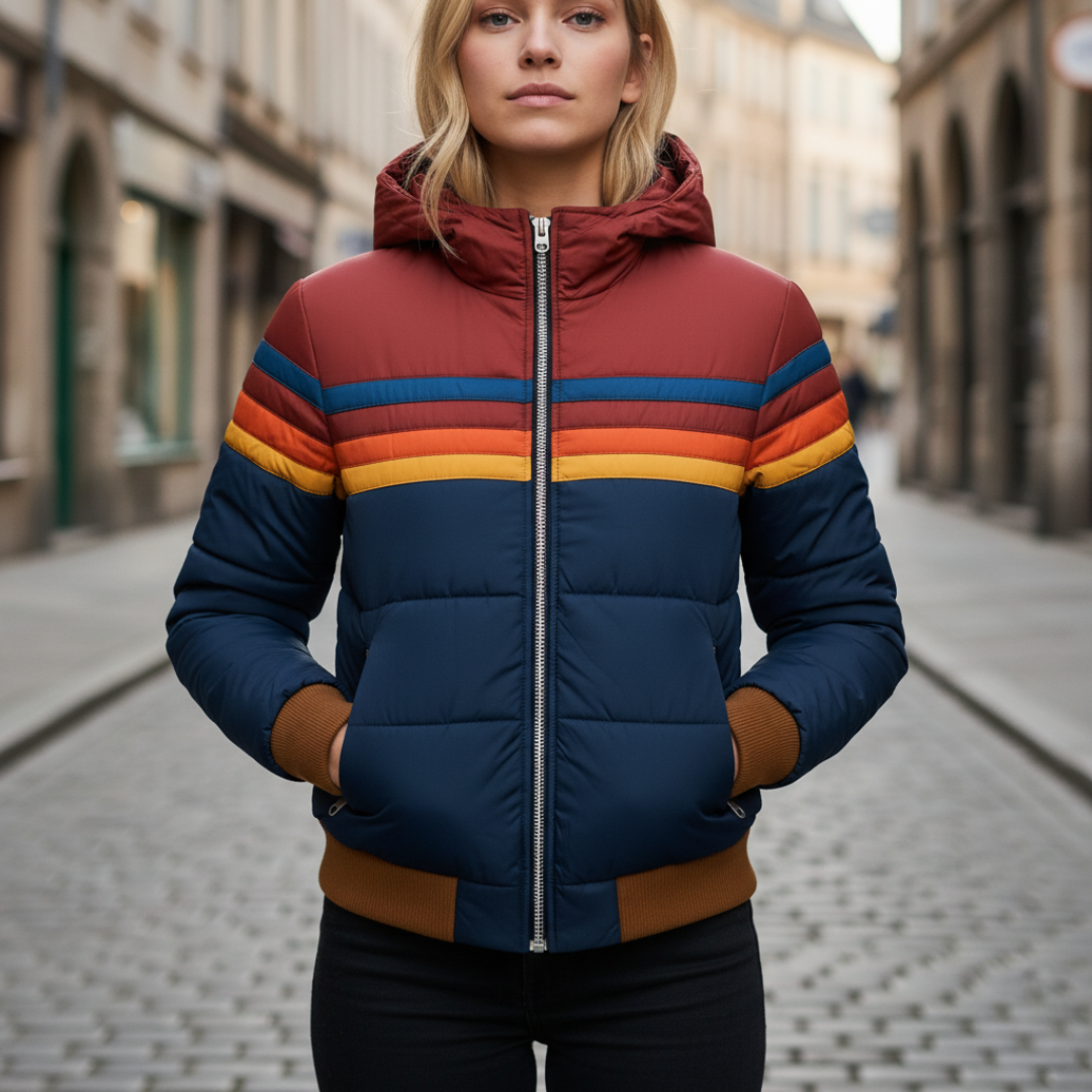 Women's lightweight hooded puffer jacket color-block retro stripes wind water resistant