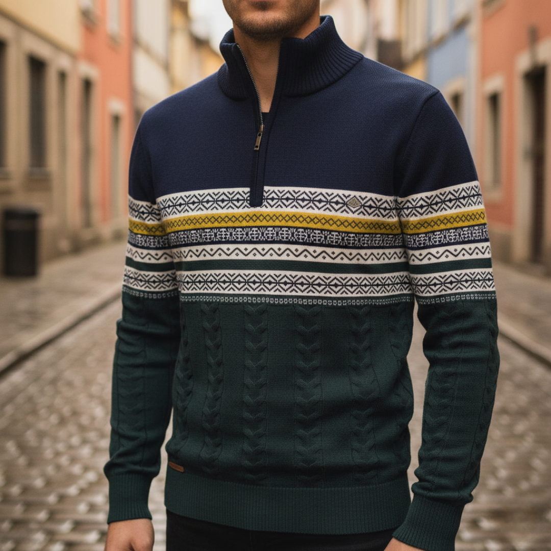 Men's half-zip sweater geometric patterned upper braided knit lower mixed fabric regular fit