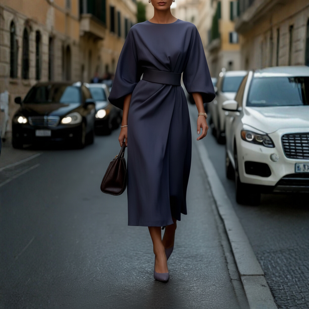 Women's balloon sleeve belted midi dress in elegant versatile style with waist-defining belt detail