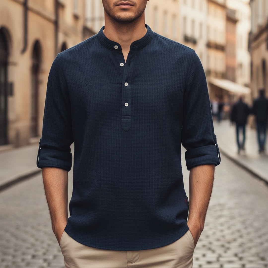 Men's beige honeycomb knit Henley shirt ergonomic fit with buttoned collar adjustable sleeves