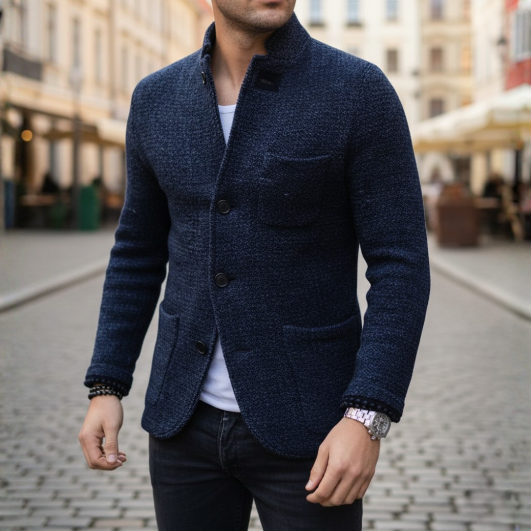 Men's slim fit jacket in navy blue durable fabric, versatile smart casual silhouette for all seasons
