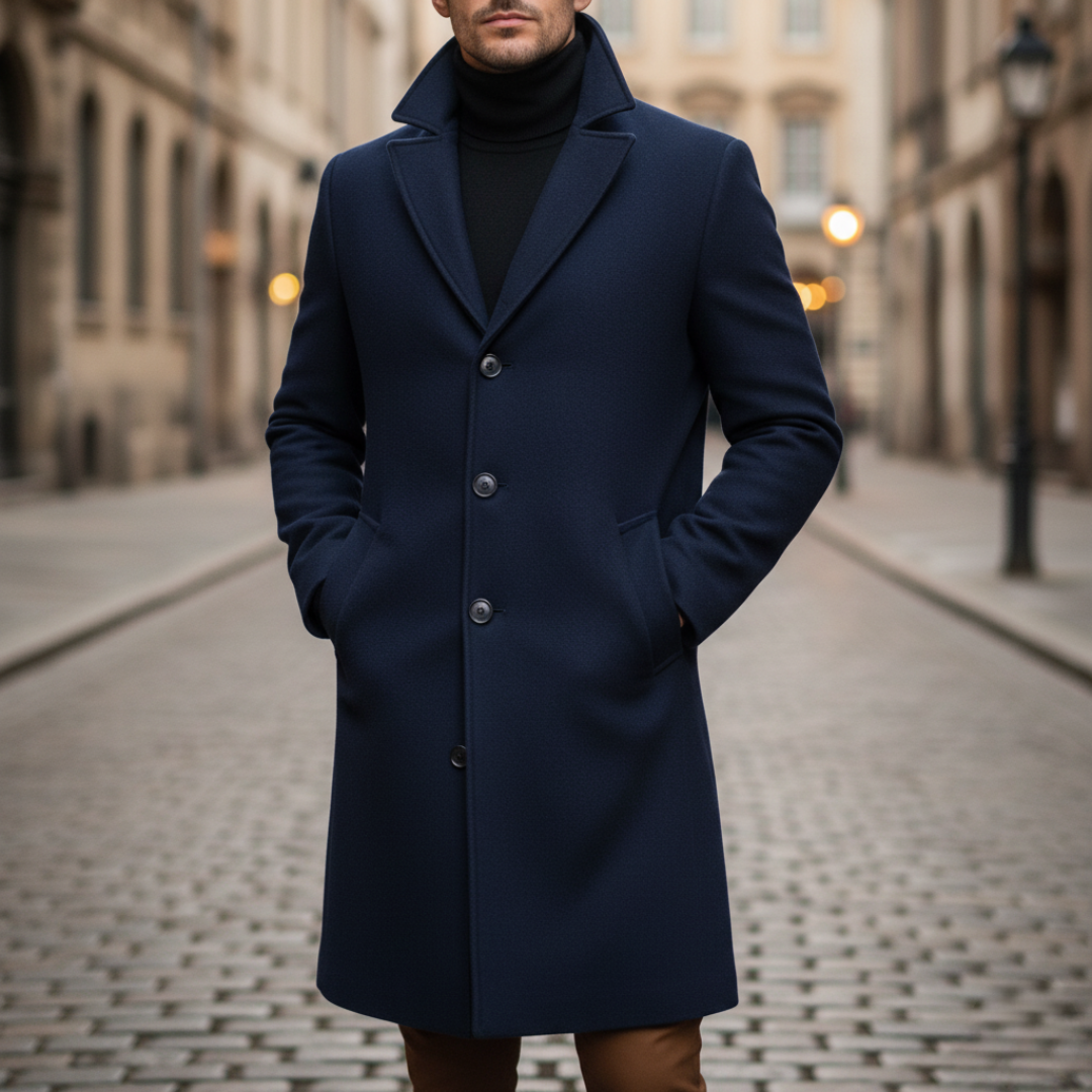 Men's premium wool coat with button closure, slim professional fit, available in black beige gray blue