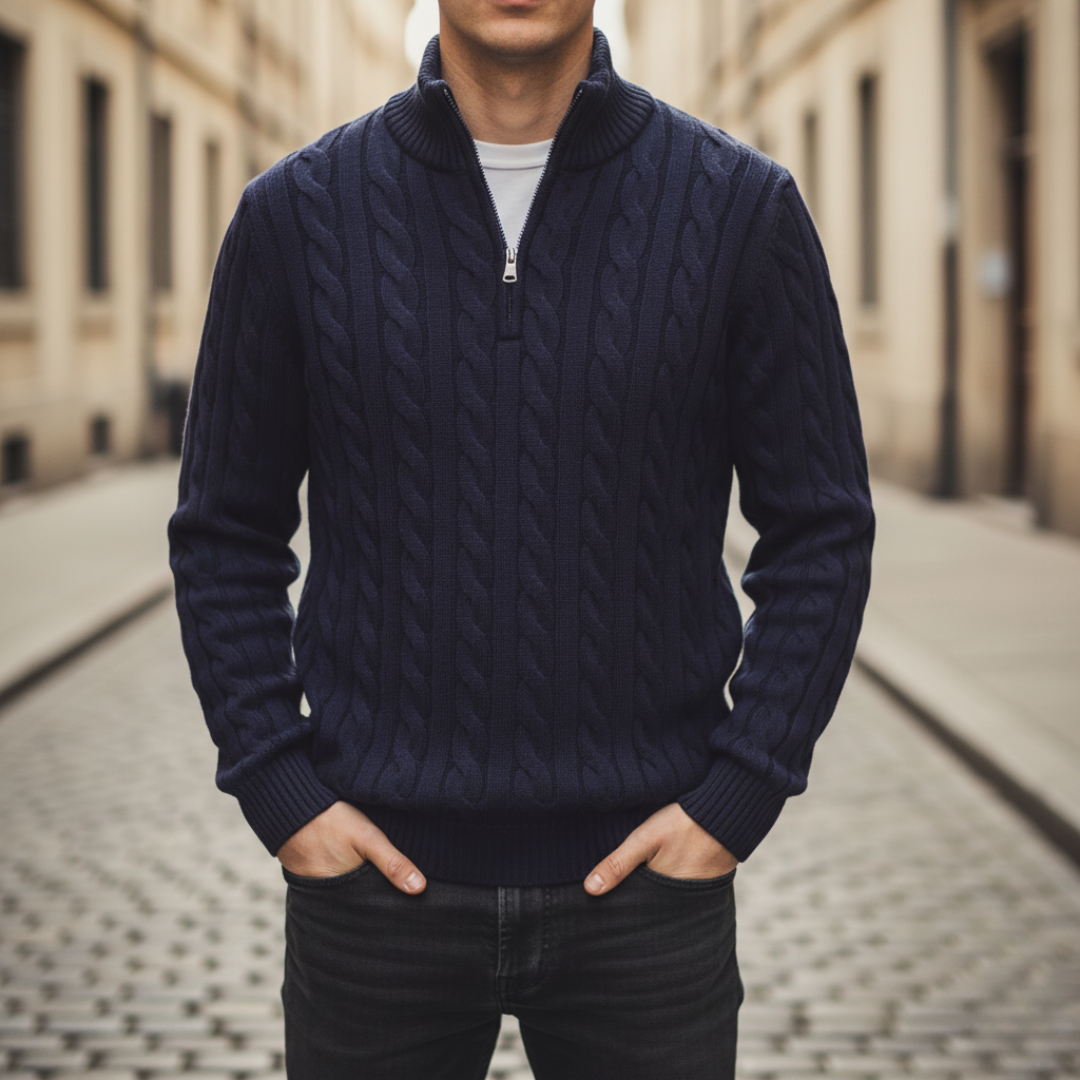 Men's cable knit half-zip turtleneck sweater in classic style with textured all-over pattern