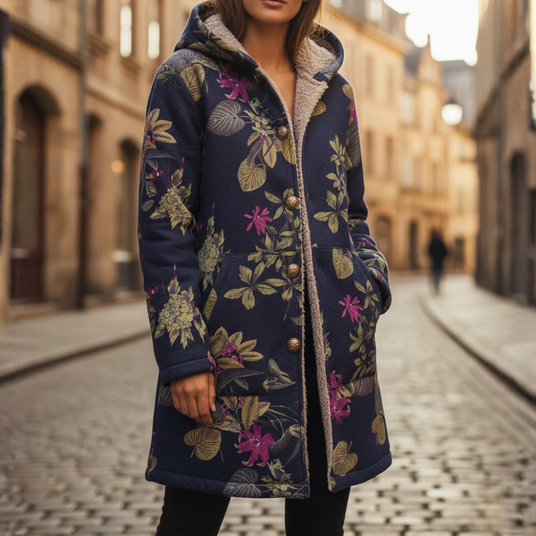 Women's floral hooded winter jacket with warm lining and zip closure, cozy modern style