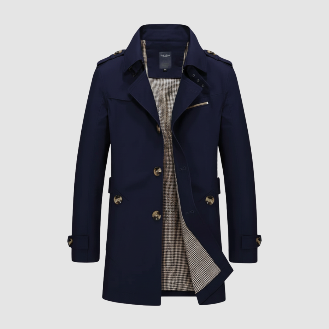 Men's regular fit mid-length trench coat with shoulder epaulets and adjustable cuffs classic style