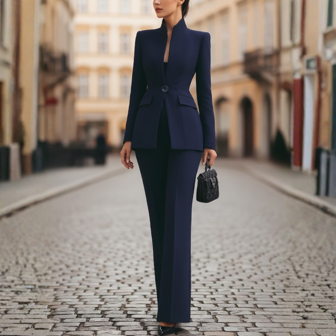 Black tailored wide-leg pant suit set for women, elegant polyester blazer and trousers