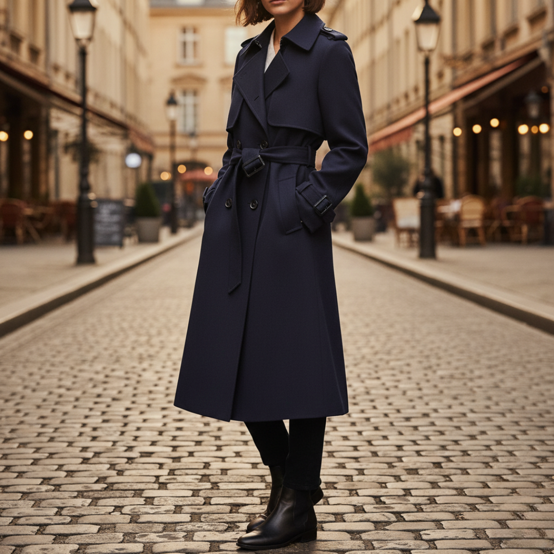 Women's double-breasted trench coat with adjustable belt in beige classic tailored silhouette
