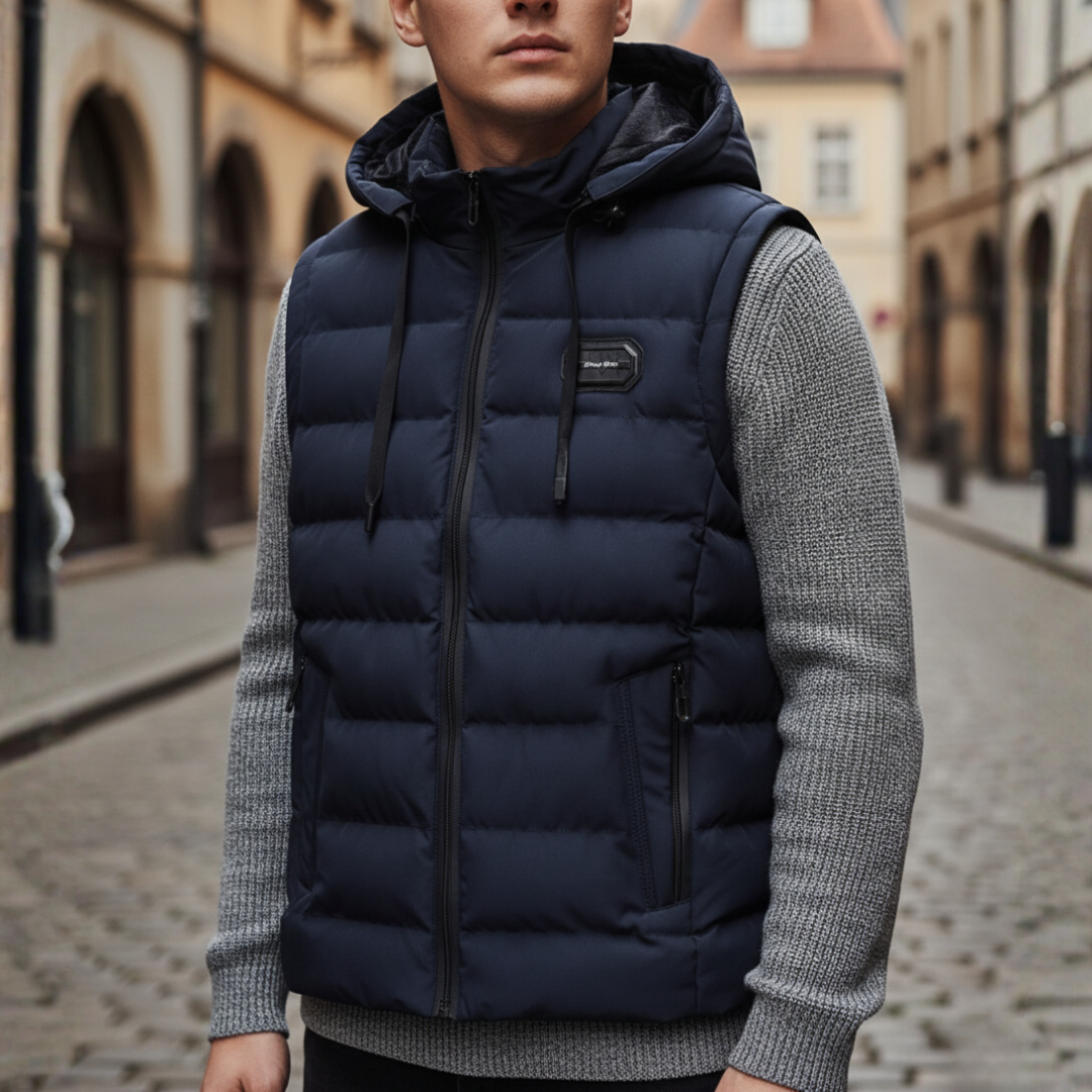 Men's gray hooded down vest sleeveless lightweight polyester winter outerwear sporty casual fit