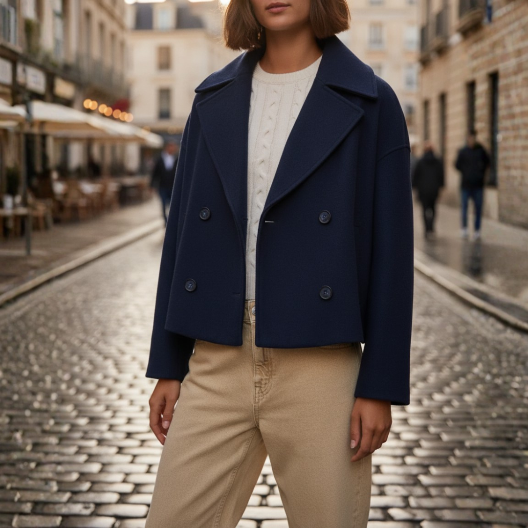 Women's cropped double-breasted jacket mixed fabric classic lapels structured everyday fit