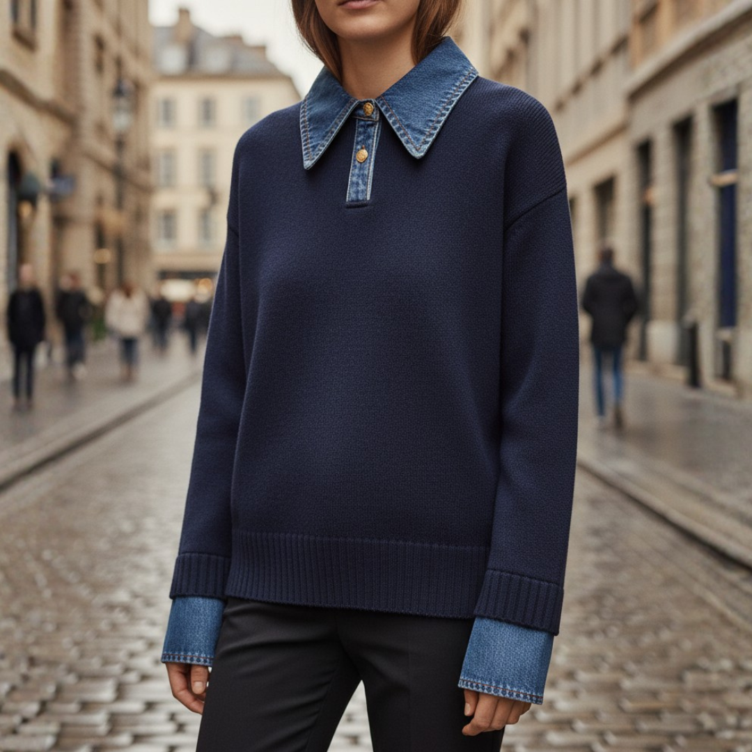 Women's casual knit sweater beige polyester relaxed fit with denim-detailed collar and cuffs