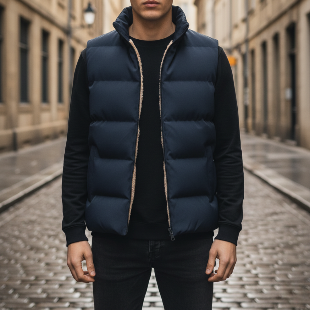 Men's black and blue padded down vest sleeveless zip closure with side pockets for cold weather