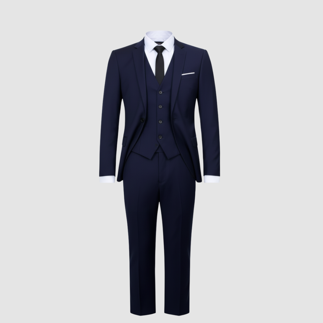Men's charcoal three-piece suit notch lapel vest tapered trousers modern formal slim fit
