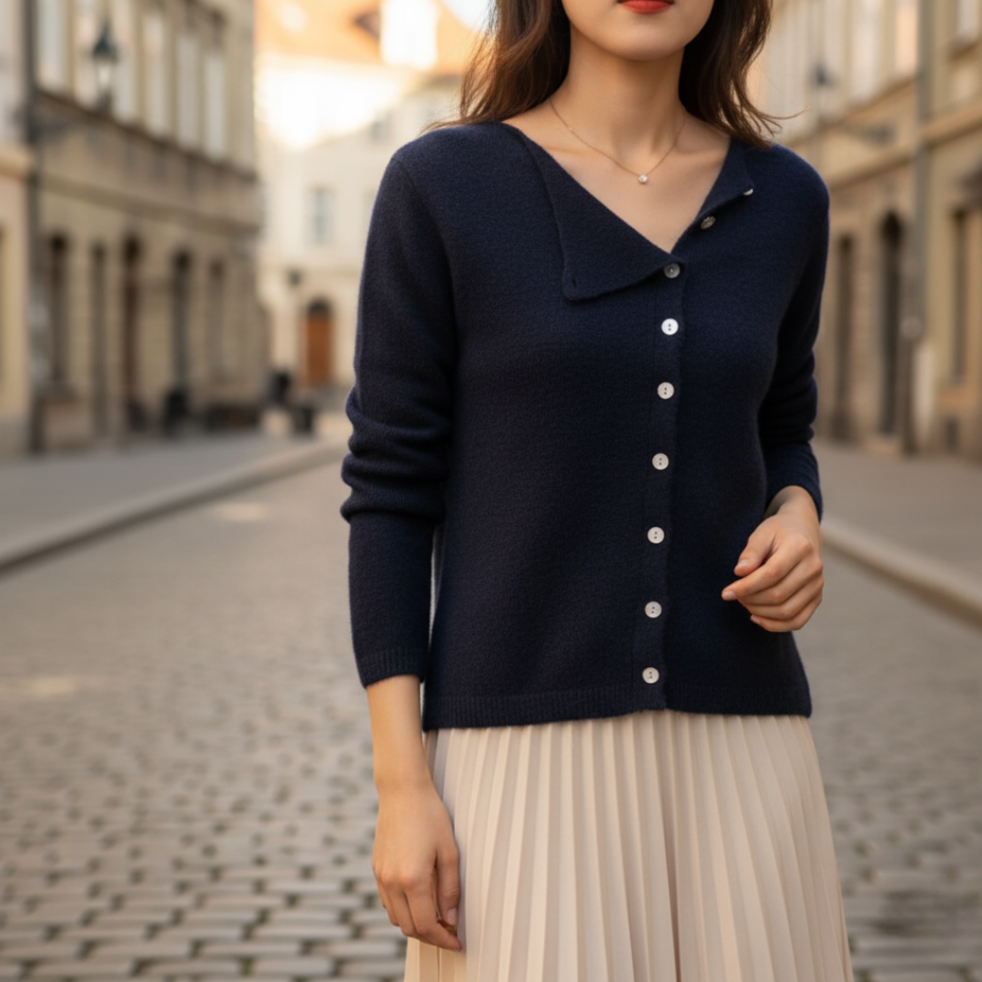 Women's button-front knit sweater with center closure, minimalist style, soft comfortable casual fit