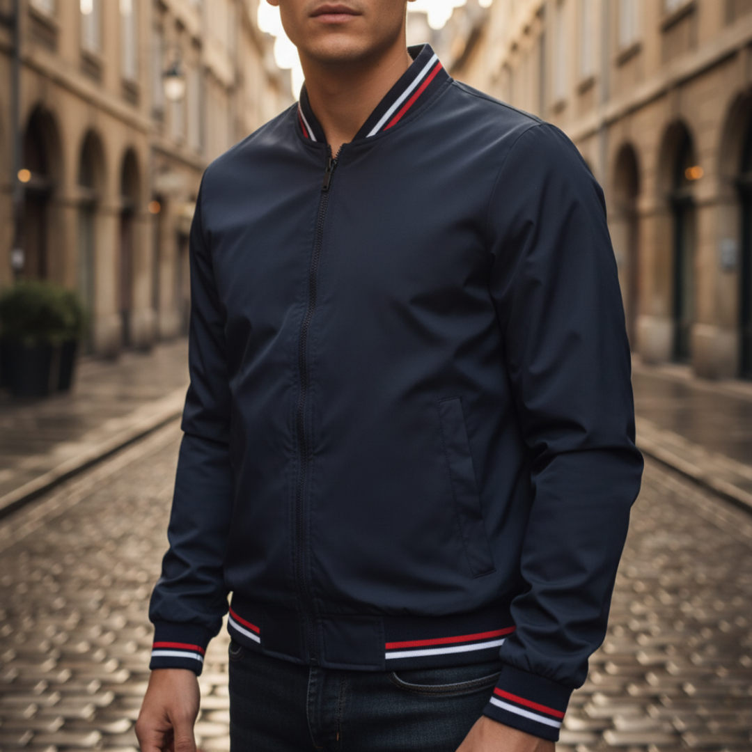 Men's black bomber jacket casual sporty cut with zip closure and striped ribbed details