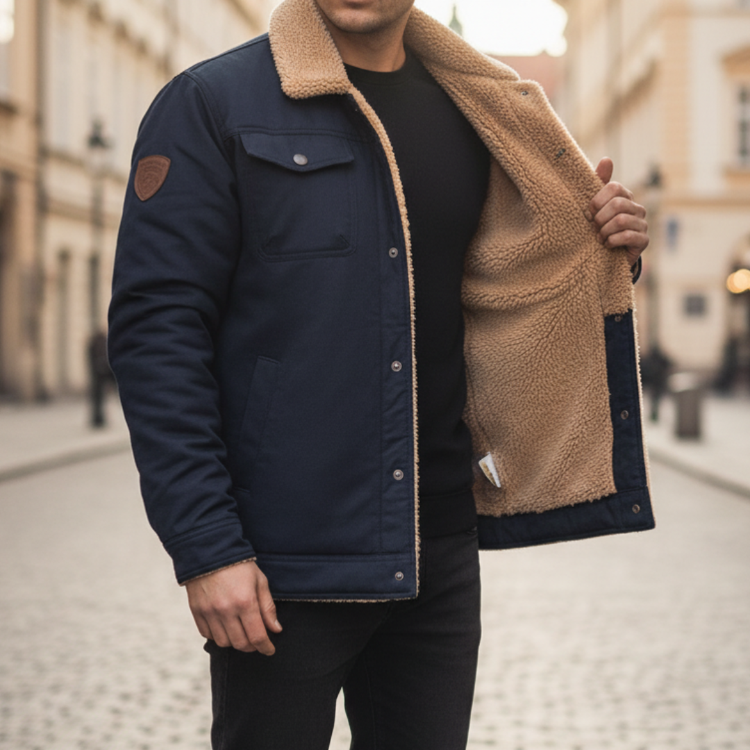 Men's hooded outdoor jacket with adjustable hood, side pockets, durable fabric for cold weather
