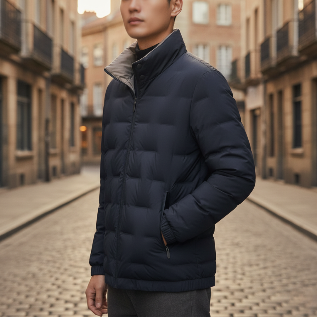 Men's gray lightweight polyester down jacket with zipper, slim modern cut for cold weather outdoor wear