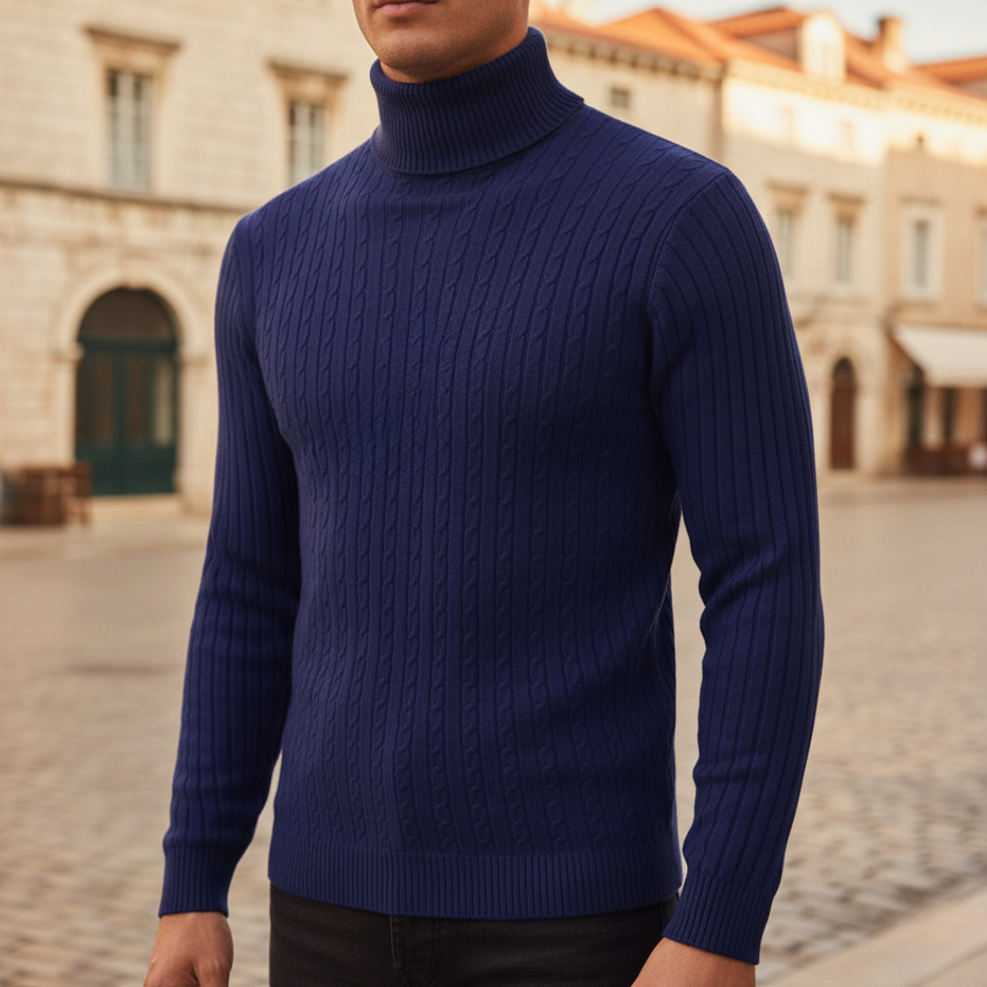 Men's cable knit turtleneck sweater slim fit polyester warm sleek silhouette for cold weather