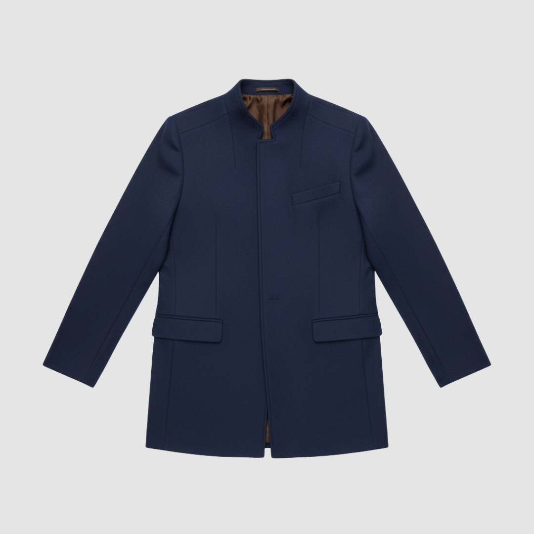 Men's modern slim-cut jacket in navy blue, elegant formal-casual style with clean silhouette
