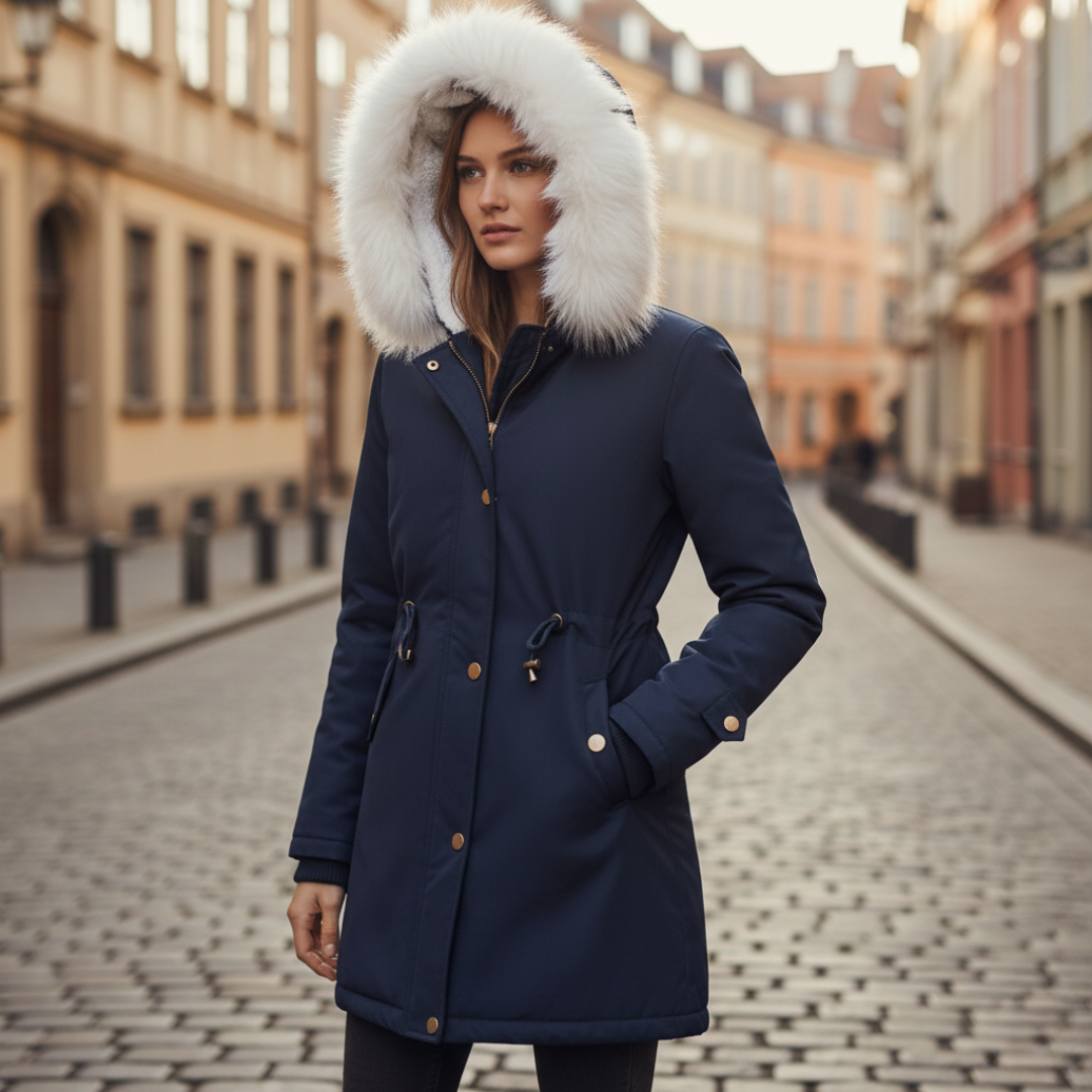 Women's long waterproof winter coat with fur-lined hood, insulated warm rainproof jacket for cold weather