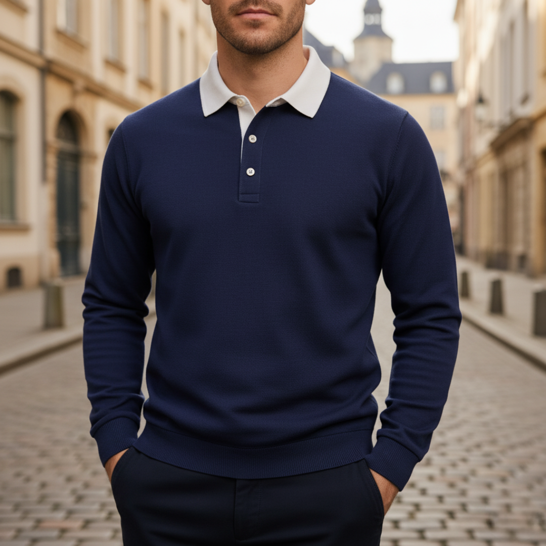 Men's navy polo sweatshirt with soft fabric, classic collar, and versatile casual-to-office style