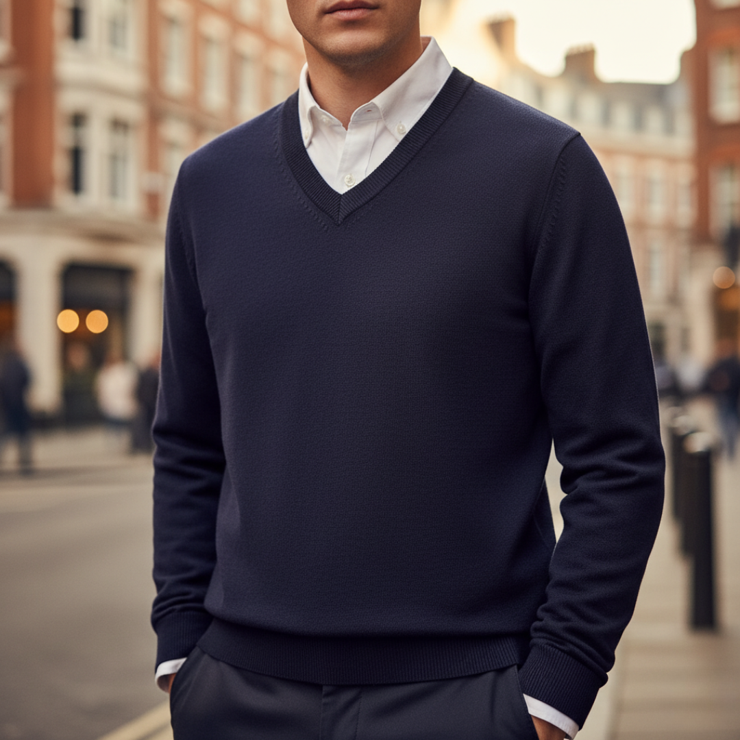 Men's classic V-neck sweater soft knit fabric regular fit versatile layering essential for office or casual wear