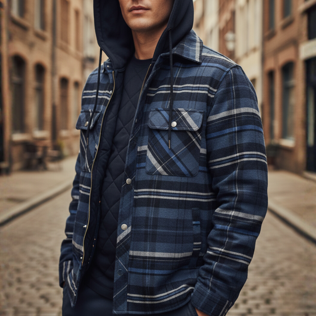 Men's checkered flannel hooded zip jacket with front pockets in blue, black, or beige casual fit