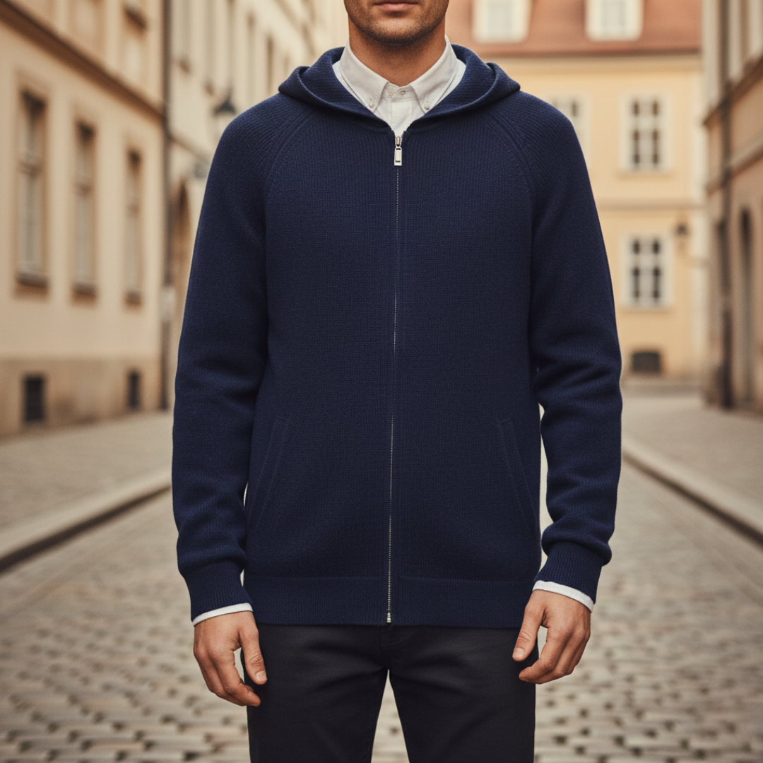 Men's gray hooded knit cardigan with front zipper, soft warm casual sporty style for autumn winter