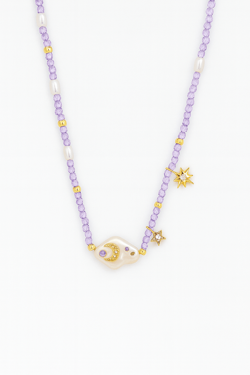 Necklace purple beaded pearl moon star gold plated charm - Urbann-Vibe