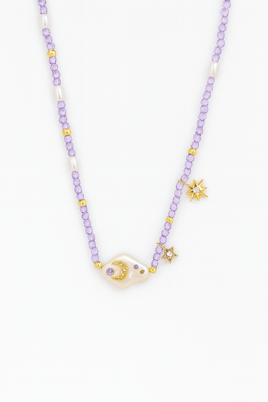 Necklace purple beaded pearl moon star gold plated charm - Urbann-Vibe