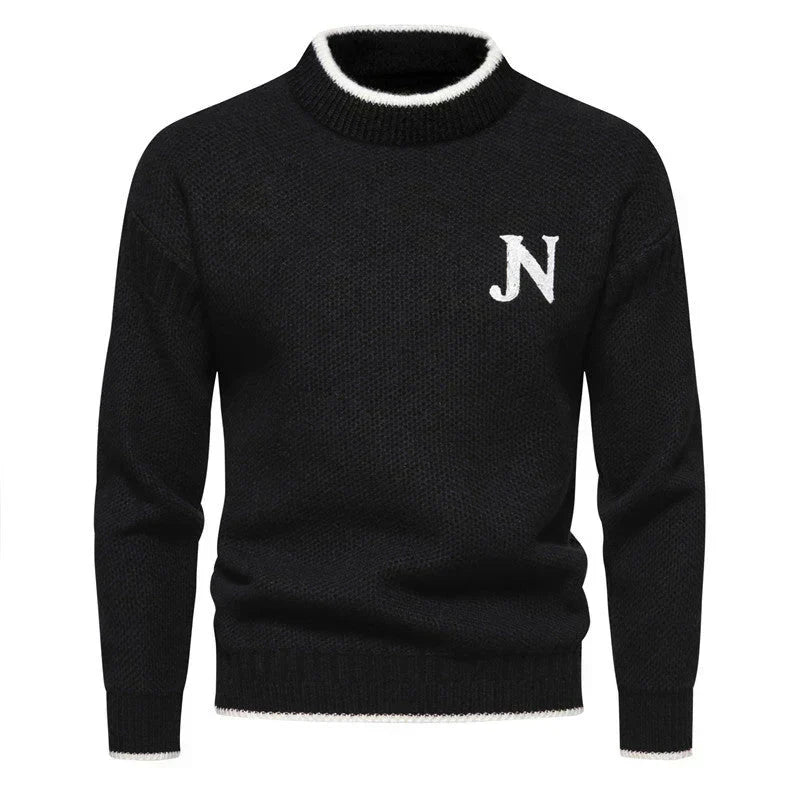 Thatcher men's classic knit sweater in neutral tones, relaxed fit with sustainable easy-care wool blend